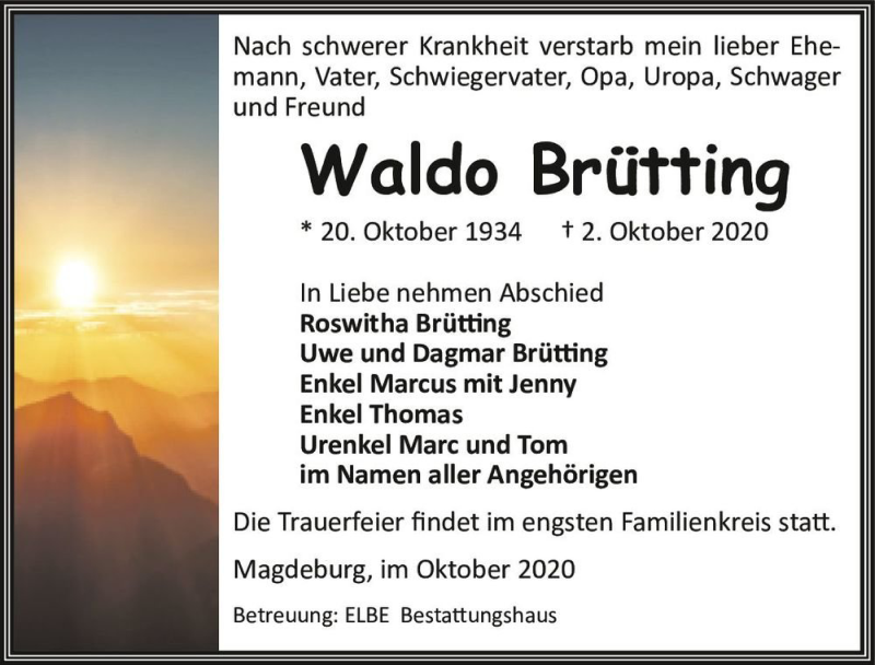  Traueranzeige für Waldo Brütting  vom 10.10.2020 aus Magdeburger Volksstimme