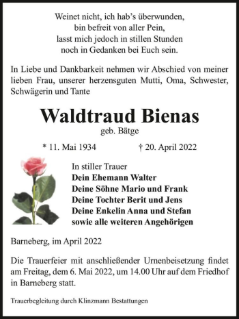 Traueranzeige von Waldtraud Bienas (geb. Bätge)  von Magdeburger Volksstimme