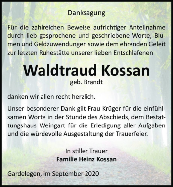 Traueranzeige von Waldtraud Kossan (geb. Brandt)  von Magdeburger Volksstimme