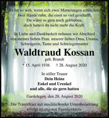 Traueranzeige von Waldtraud Kossan (geb. Brandt)  von Magdeburger Volksstimme