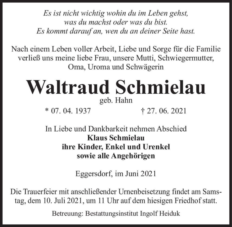  Traueranzeige für Waldtraud Schmielau (geb. Hahn)  vom 03.07.2021 aus Magdeburger Volksstimme