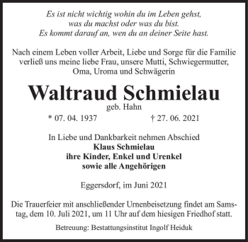 Traueranzeige von Waldtraud Schmielau (geb. Hahn)  von Magdeburger Volksstimme