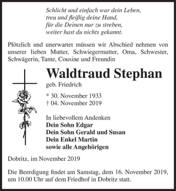 Traueranzeige von Waldtraud Stephan (geb. Friedrich)  von Magdeburger Volksstimme
