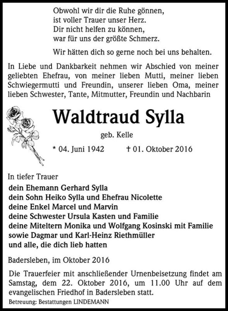  Traueranzeige für Waldtraud Sylla (geb. Kelle)  vom 08.10.2016 aus Magdeburger Volksstimme