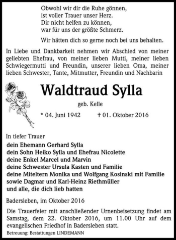 Traueranzeige von Waldtraud Sylla (geb. Kelle)  von Magdeburger Volksstimme