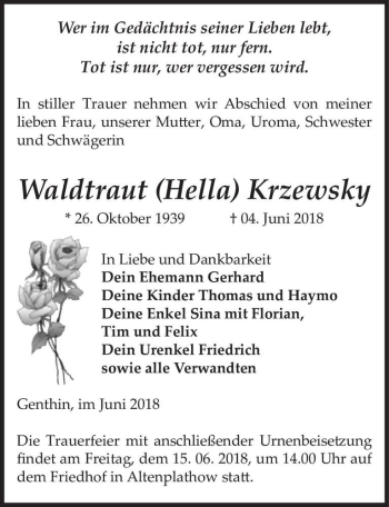 Traueranzeige von Waldtraut (Hella) Krzewsky  von Magdeburger Volksstimme