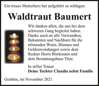 Traueranzeige von Waldtraut Baumert  von Magdeburger Volksstimme