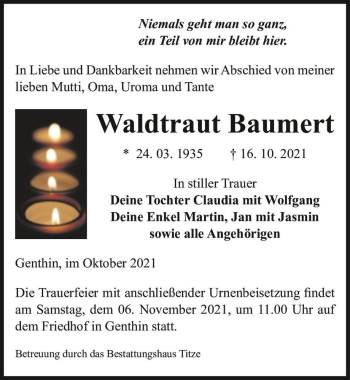 Traueranzeige von Waldtraut Baumert  von Magdeburger Volksstimme