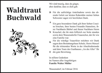 Traueranzeige von Waldtraut Buchwald  von Magdeburger Volksstimme