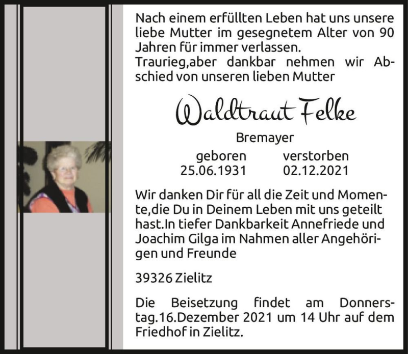 Traueranzeige für Waldtraut Felke (geb. Bremayer)  vom 11.12.2021 aus Magdeburger Volksstimme