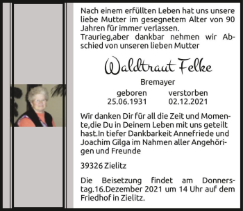 Traueranzeige von Waldtraut Felke (geb. Bremayer)  von Magdeburger Volksstimme