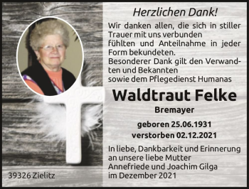 Traueranzeige von Waldtraut Felke (geb. Bremayer)  von Magdeburger Volksstimme