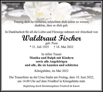 Traueranzeige von Waldtraut Fischer (geb. Puse)  von Magdeburger Volksstimme