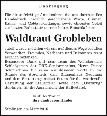 Traueranzeige von Waldtraut Grobleben  von Magdeburger Volksstimme