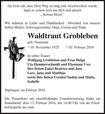 Traueranzeige von Waldtraut Grobleben (geb. Neumann)  von Magdeburger Volksstimme