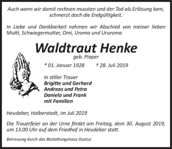Traueranzeige von Waldtraut Henke (geb. Pieper)  von Magdeburger Volksstimme