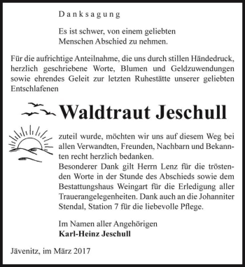 Traueranzeige von Waldtraut Jeschull  von Magdeburger Volksstimme