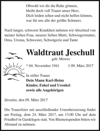 Traueranzeige von Waldtraut Jeschull (geb. Mewes)  von Magdeburger Volksstimme