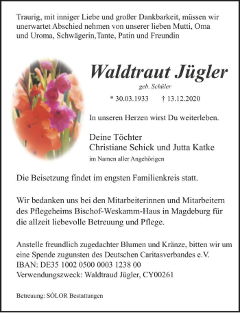 Traueranzeige von Waldtraut Jügler (geb. Schüler)  von Magdeburger Volksstimme