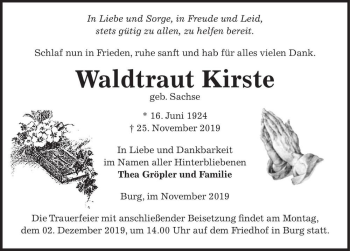Traueranzeige von Waldtraut Kirste (geb. Sachse)  von Magdeburger Volksstimme