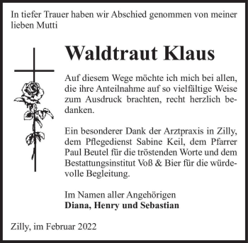 Traueranzeige von Waldtraut Klaus  von Magdeburger Volksstimme
