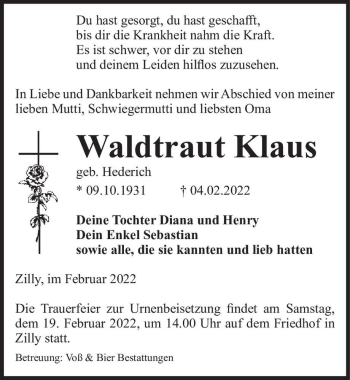 Traueranzeige von Waldtraut Klaus (geb. Hederich)  von Magdeburger Volksstimme