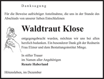 Traueranzeige von Waldtraut Klose  von Magdeburger Volksstimme