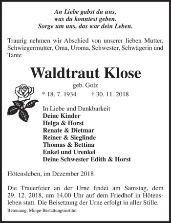 Traueranzeige von Waldtraut Klose (geb. Golz)  von Magdeburger Volksstimme
