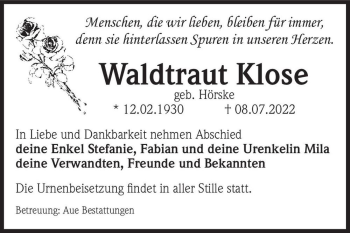 Traueranzeige von Waldtraut Klose (geb. Hörske)  von Magdeburger Volksstimme