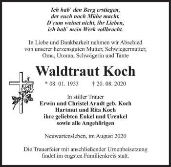 Traueranzeige von Waldtraut Koch  von Magdeburger Volksstimme