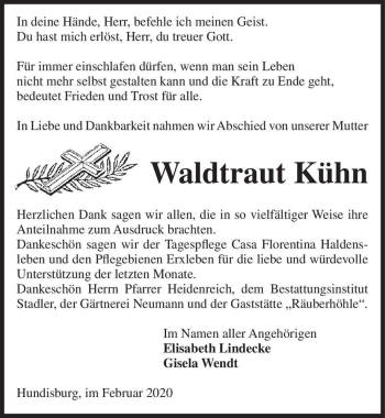 Traueranzeige von Waldtraut Kühn  von Magdeburger Volksstimme