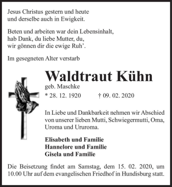 Traueranzeige von Waldtraut Kühn (geb. Maschke)  von Magdeburger Volksstimme