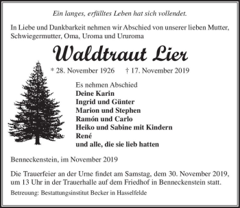 Traueranzeige von Waldtraut Lier  von Magdeburger Volksstimme