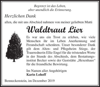 Traueranzeige von Waldtraut Lier  von Magdeburger Volksstimme