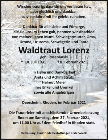 Traueranzeige von Waldtraut Lorenz (geb. Posenanski)  von Magdeburger Volksstimme