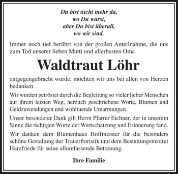 Traueranzeige von Waldtraut Löhr  von Magdeburger Volksstimme