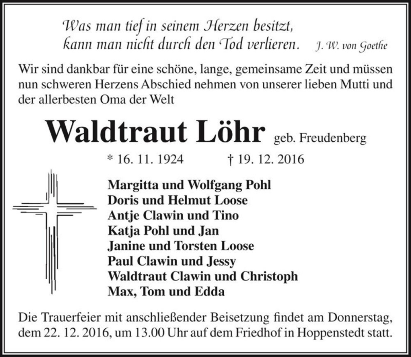  Traueranzeige für Waldtraut Löhr (geb. Freudenberg)  vom 21.12.2016 aus Magdeburger Volksstimme