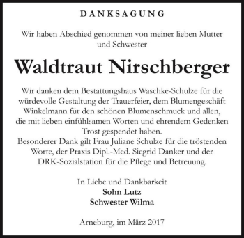 Traueranzeige von Waldtraut Nirschberger  von Magdeburger Volksstimme