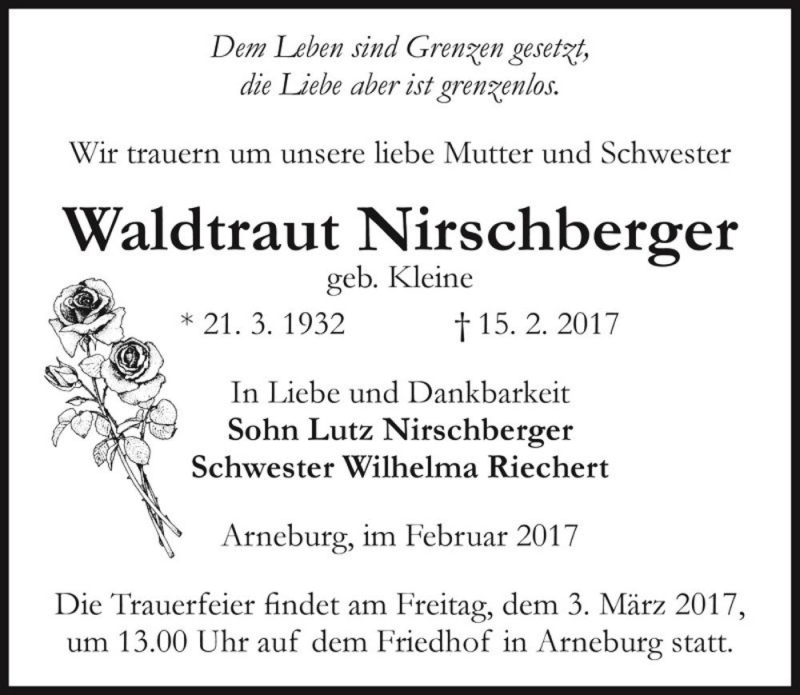  Traueranzeige für Waldtraut Nirschberger (geb. Kleine)  vom 18.02.2017 aus Magdeburger Volksstimme