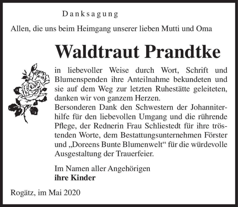  Traueranzeige für Waldtraut Prandtke  vom 23.05.2020 aus Magdeburger Volksstimme