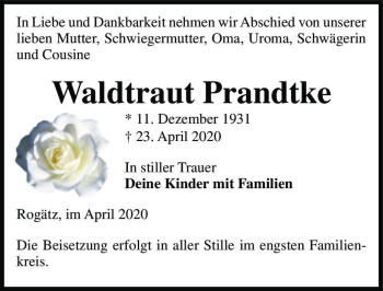 Traueranzeige von Waldtraut Prandtke  von Magdeburger Volksstimme
