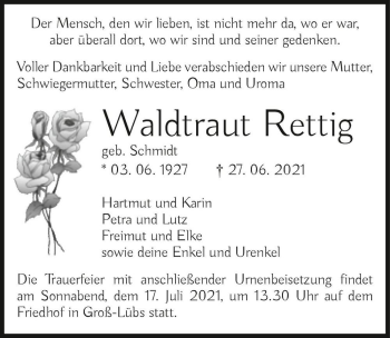 Traueranzeige von Waldtraut Rettig (geb. Schmidt)  von Magdeburger Volksstimme