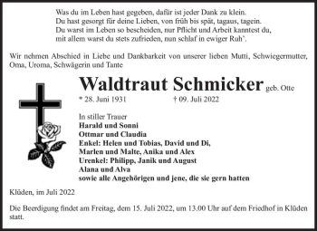 Traueranzeige von Waldtraut Schmicker (geb. Otte)  von Magdeburger Volksstimme