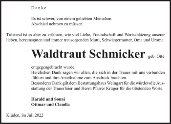 Traueranzeige von Waldtraut Schmicker (geb. Otte)  von Magdeburger Volksstimme