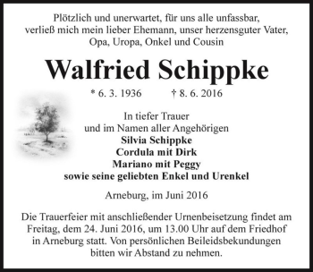 Traueranzeige von Walfried Schippke  von Magdeburger Volksstimme