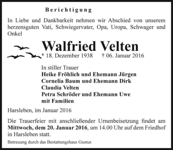 Traueranzeige von Walfried Velten  von Magdeburger Volksstimme