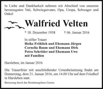 Traueranzeige von Walfried Velten  von Magdeburger Volksstimme