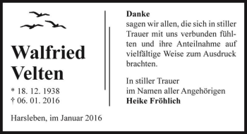Traueranzeige von Walfried Velten  von Magdeburger Volksstimme