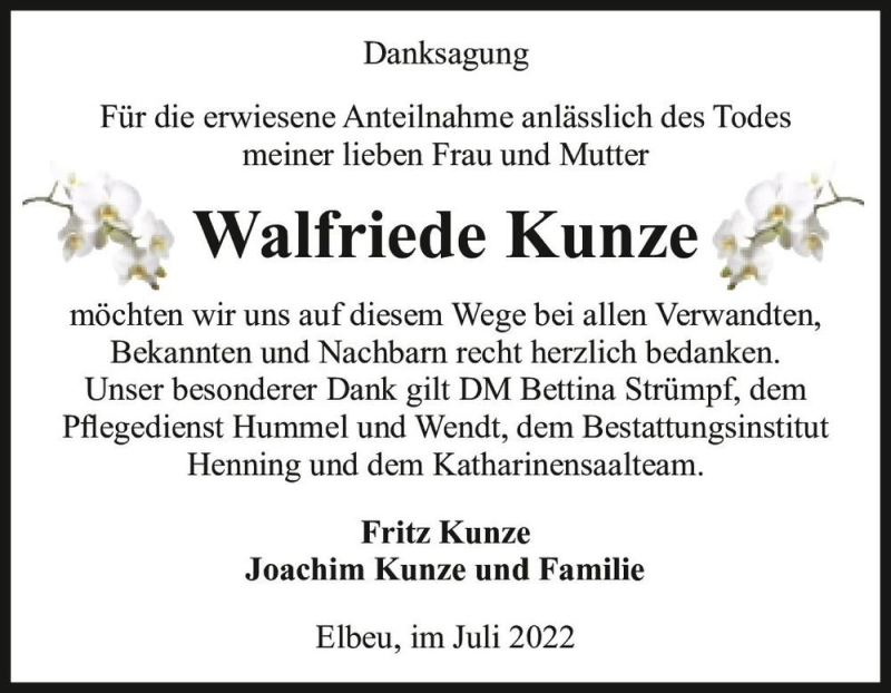  Traueranzeige für Walfriede Kunze  vom 30.07.2022 aus Magdeburger Volksstimme
