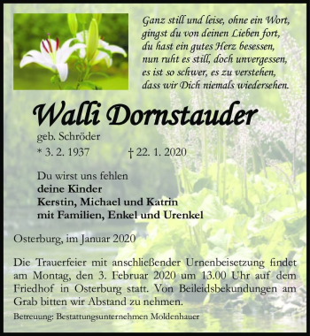 Traueranzeige von Walli Dornstauder  von Magdeburger Volksstimme